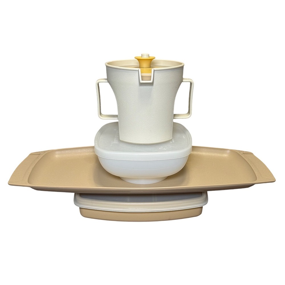 Vintage‎ Tupperware Tan Almond Yellow Lot Divided Tray Creamer Chip Dip w/ Lids